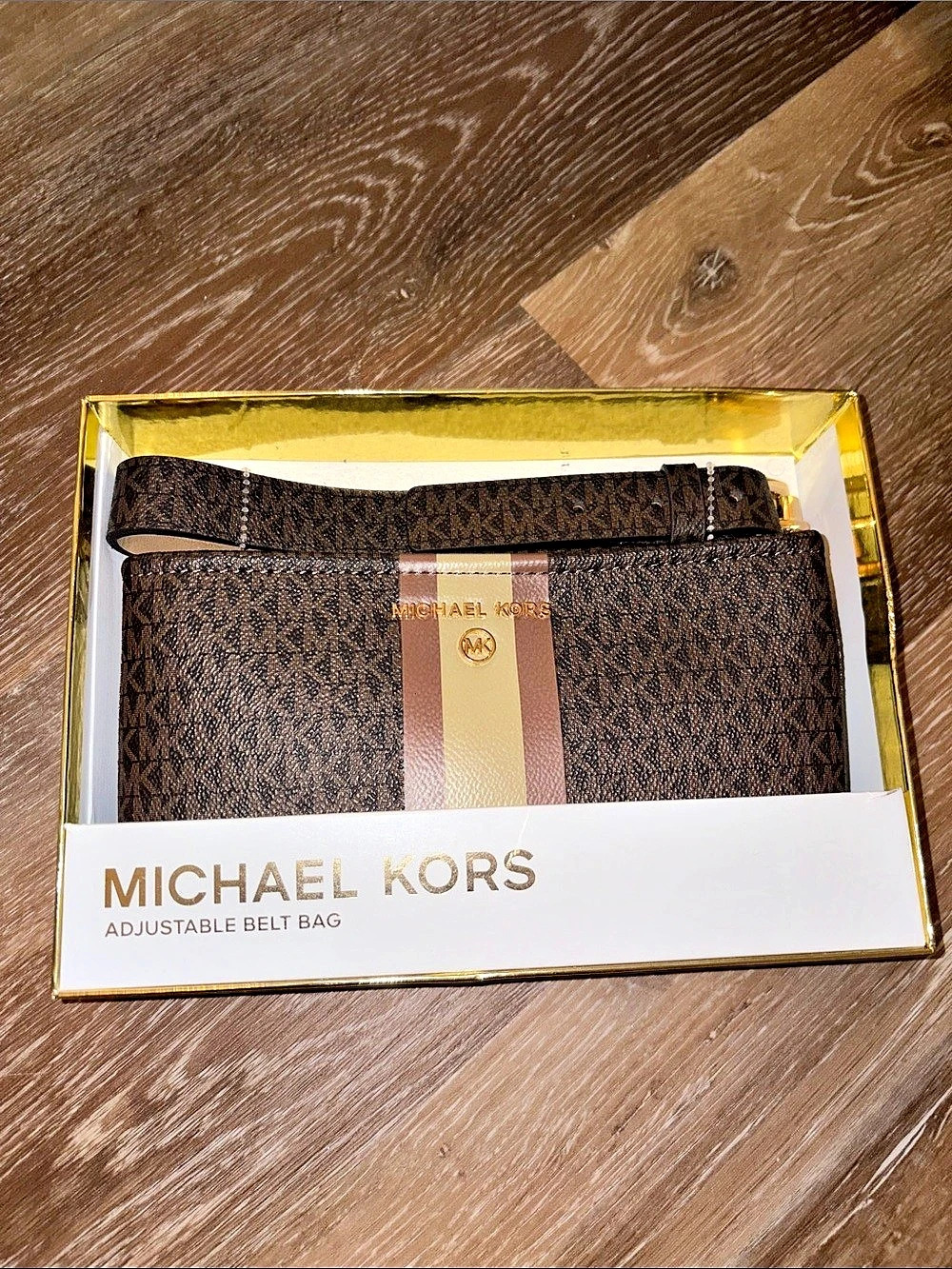 Michael Kors Signature Logo Stripe Adjustable Belt Bag Brown & Gold